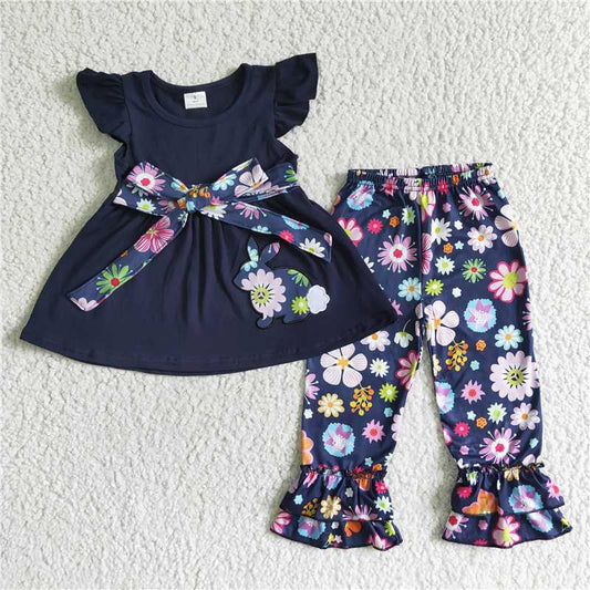 B10-15 Easter bunny print tie short-sleeve top with floral trousers