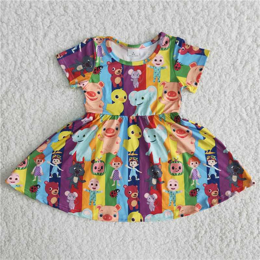 B17-14  Anime Character Print Chick and Pig Print Short Sleeve Dress