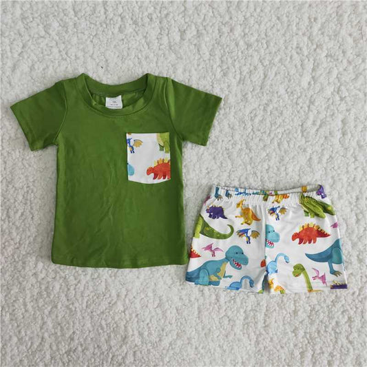 A16-12  Boys Green Short Sleeve Top with Pockets and Dinosaur Print White Shorts