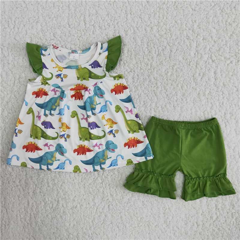 B9-2  Dinosaur Print Short Sleeve Top with Green Shorts