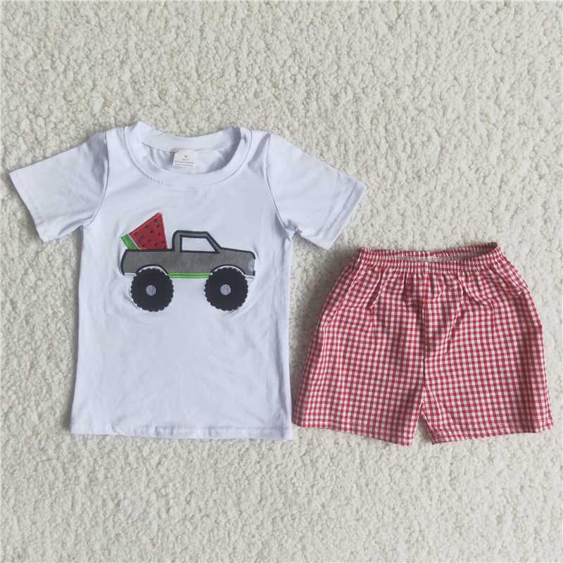 C15-3  Truck watermelon embroidered white short-sleeved top with red and white plaid shorts