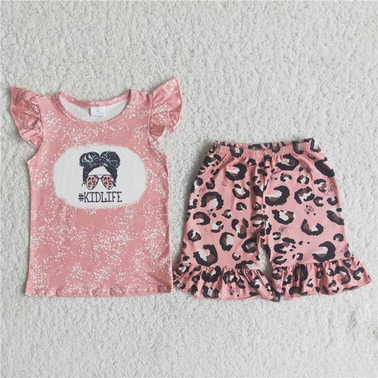 D13-12Girls Print Pink Short Sleeve Top with Leopard Print Shorts