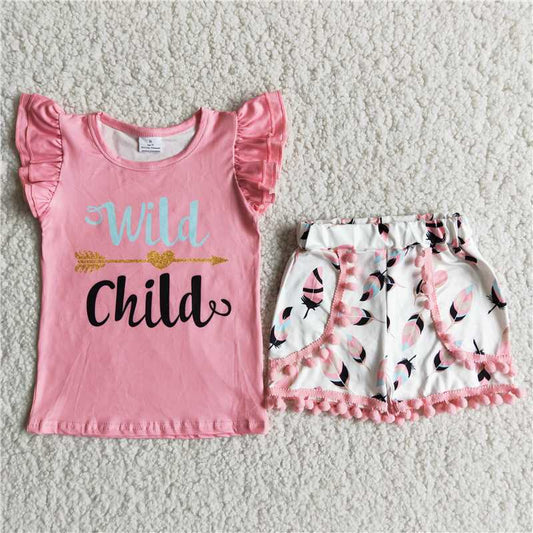 D8-11 Pink letter print short-sleeved top with printed shorts