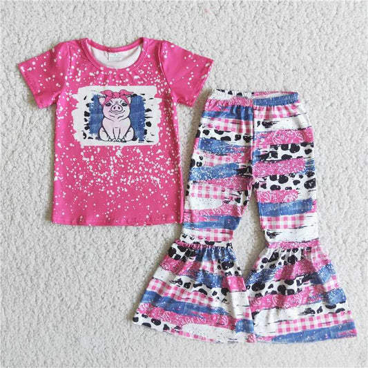 E3-29  Piglet Short Sleeve Top with Printed Pink Flared Pants Set