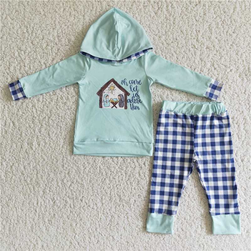 6 C11-18   Light green printed long-sleeve hooded top with plaid trousers set