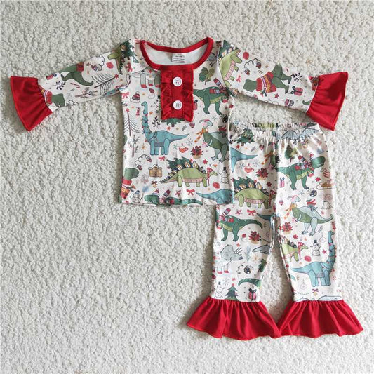 6 A4-30   Girls Dinosaur Pattern Button Long Sleeve Top with Pants Set