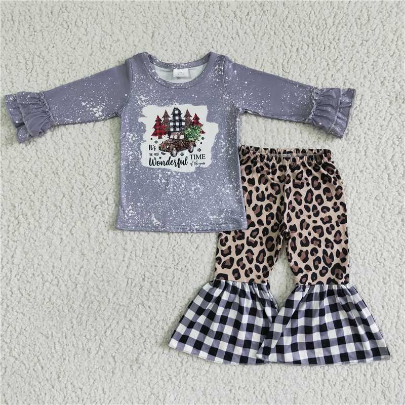 6 A3-5    Girls Christmas Tree Grey Long Sleeve Leopard Plaid Flared Pants