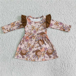 6 A6-11   Girls' Turkey Pumpkin Dress Graphic Print Long Sleeve Dress