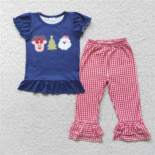 D1-2  Christmas print dark blue short-sleeved top with red plaid trousers