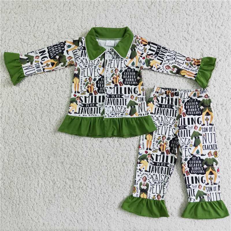 6 B6-5   girls elves green pajamas long sleeve trousers suit