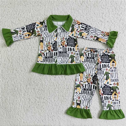 6 B6-5   girls elves green pajamas long sleeve trousers suit