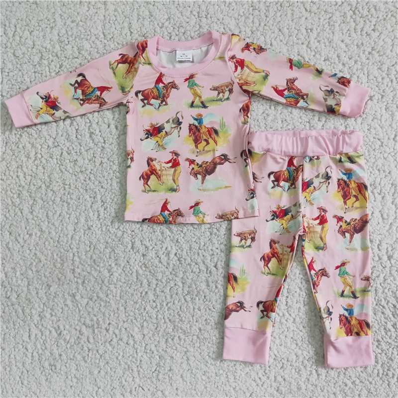 6 B9-20  Western Denim Long Sleeve Pants Pink Pajama Set