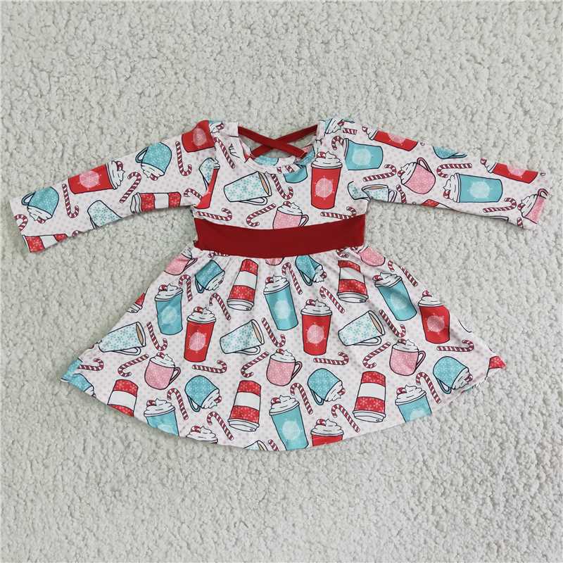 6 B12-19   Girls Cup Pattern Dress Long Sleeve Skirt