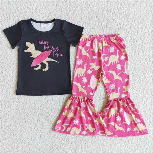 new design hot sale infant girls short sleeve bells outfit kids clothing child boutique baby kids dinosaur clothes