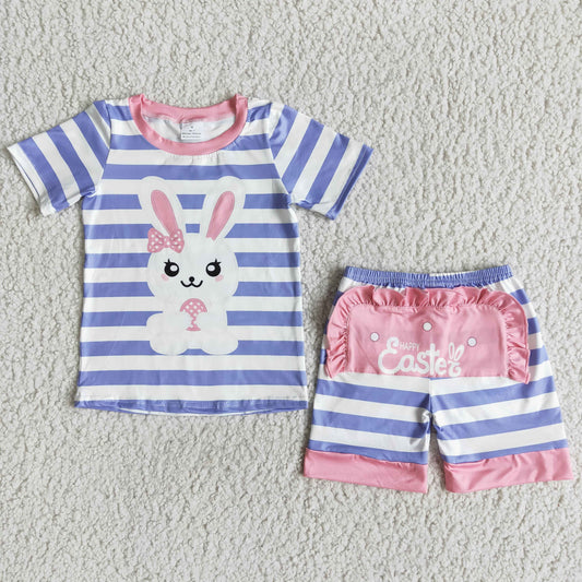 E7-17  Summer blue and white striped bunny print short-sleeved top with shorts