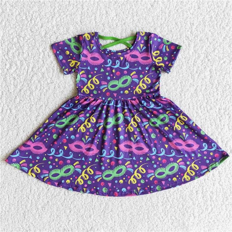 E10-3   Mardi Gras Print Purple Short Sleeve Dress