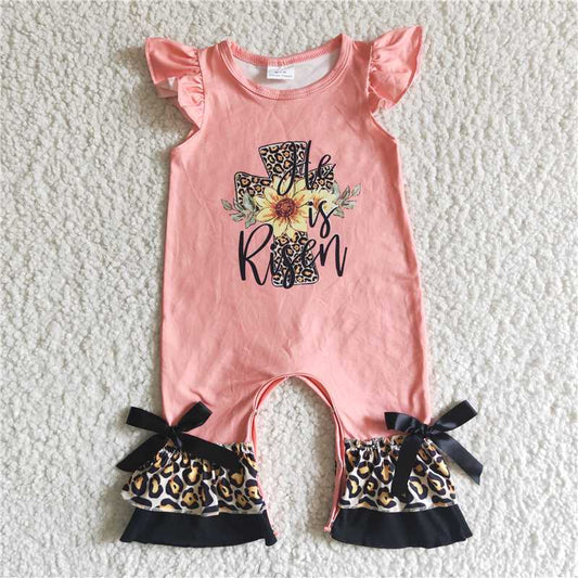 EC0002 Girls Easter Cross Orange Leopard Jumpsuit