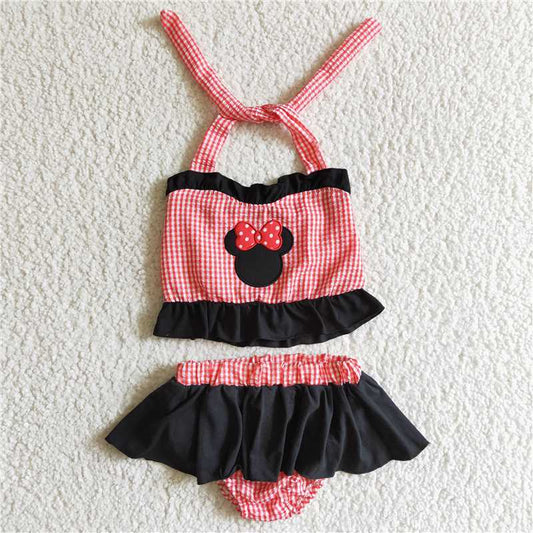 S0008 Pink Plaid Cartoon Embroidered Swimsuit Two-Piece Set