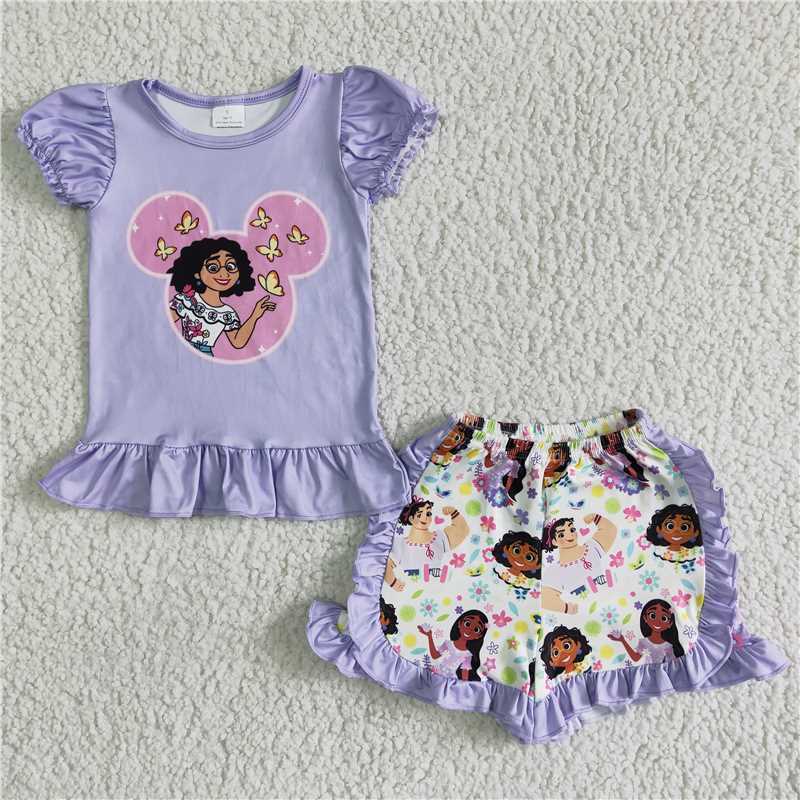 GSSO0001  Cartoon Movie Character Pattern Purple Shorts Short Sleeve Suit  summer girls