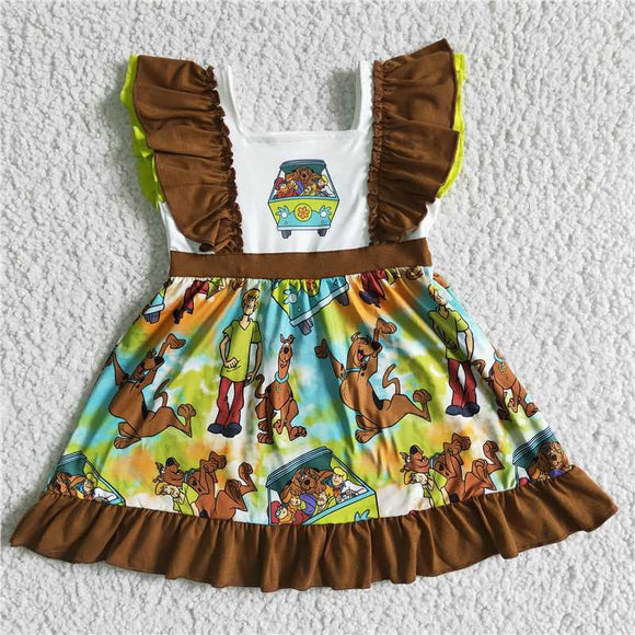 GSD0001Ruffled hem Brown Flying Sleeve car dress