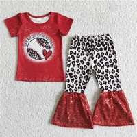 GSPO0011  Baseball-print red short-sleeved top with leopard-print flared pants