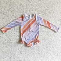 S0004  Girls Orange Long Sleeve Twill Stripe One Piece Swimsuit