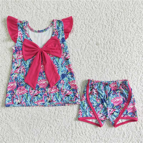 GSSO0100Girls Rose bow flower Flying Sleeve shorts suit