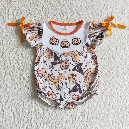 SR0086 Girls Rainbow Pumpkin Short Sleeve Bodysuit