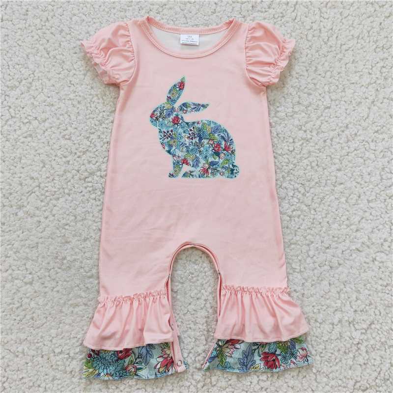 SR0163 Girls Flower Bunny Pink Short Sleeve Jumpsuit