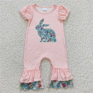 SR0163 Girls Flower Bunny Pink Short Sleeve Jumpsuit