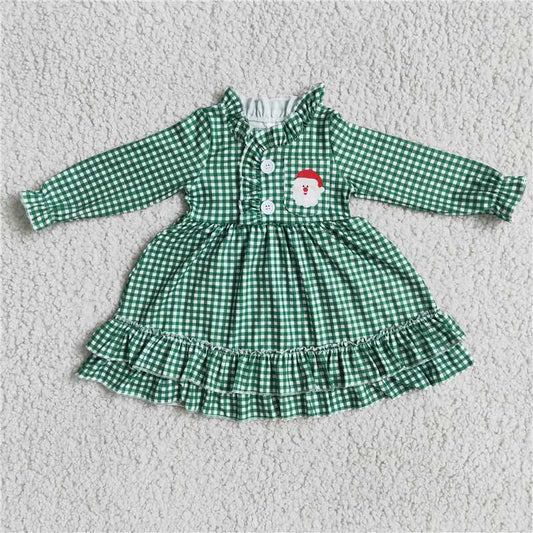 6 C10-7   Girls Santa Pattern Green Plaid Long Sleeve Dress