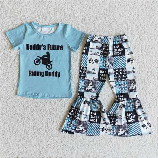 E8-18 Motorcycle-print blue short-sleeved top with printed flared trousers