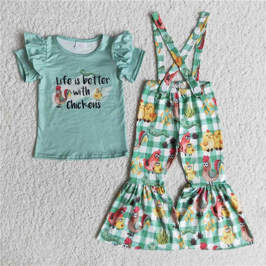 E9-15  Chicken print short-sleeved top with chicken print overalls