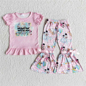 E7-19Cartoon pink short sleeve cartoon plaid flare pants boutique