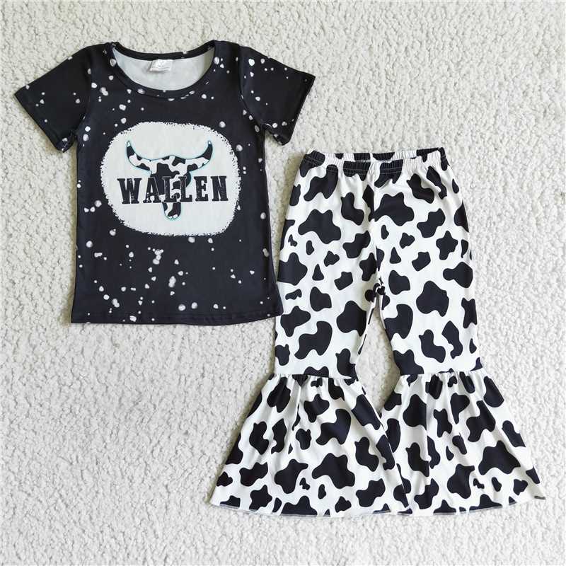 B6-252023 summer new WALLEN bull head black round neck short sleeve flare pants wholesale price