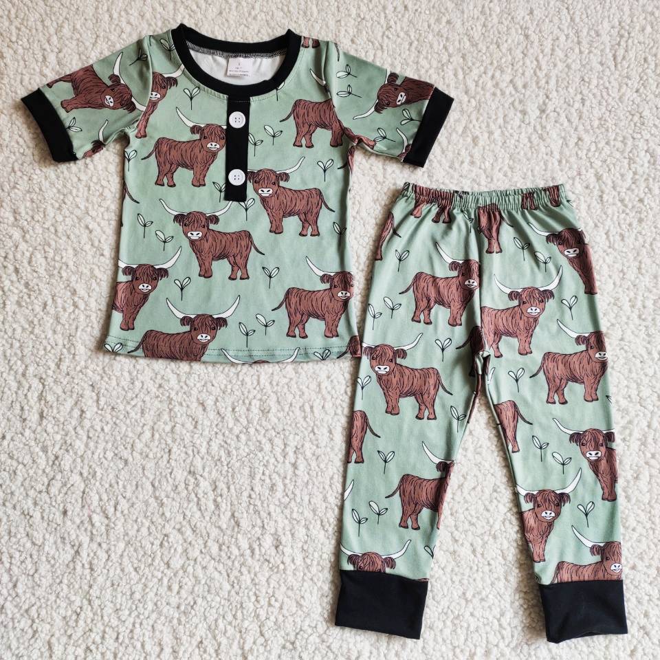 B9-25  Bull Tau Print Green Short Sleeve Trousers Set