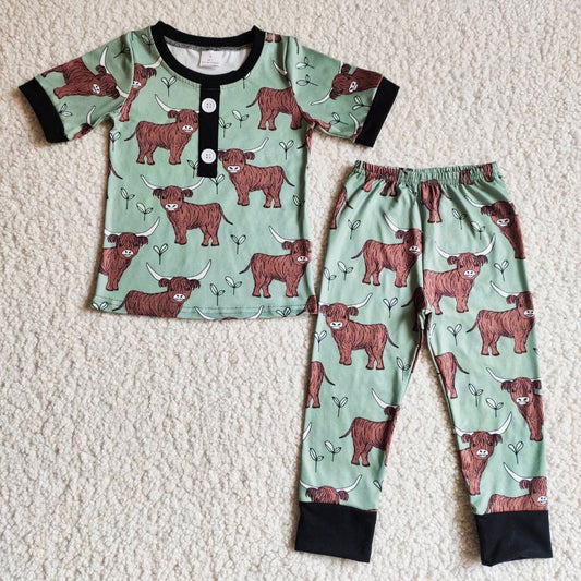 B9-25 Bull Tau Print Green Short Sleeve Trousers Set
