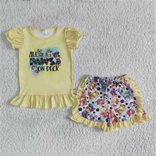 C1-28Summer new girls yellow short sleeve shorts boutique set wholesale price