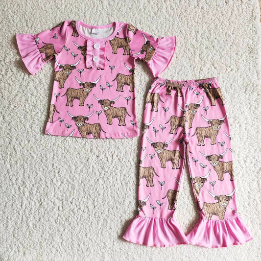 B7-25  Yak Print Pink Short Sleeve Shorts Set