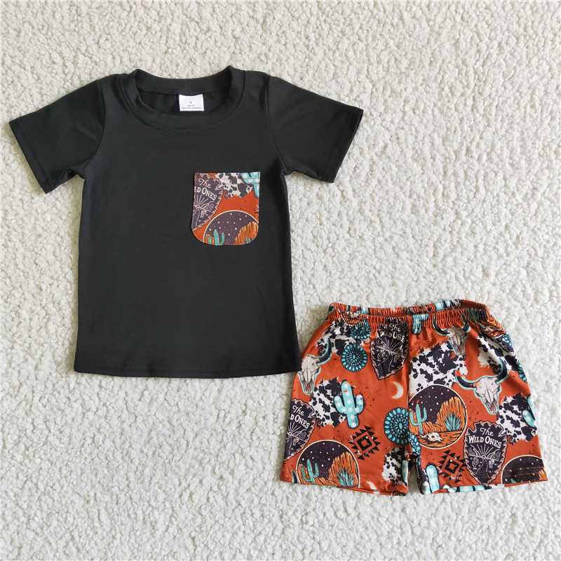 BSSO0014   Boys Black Pocket Short Sleeve Cactus Sheep Head Short