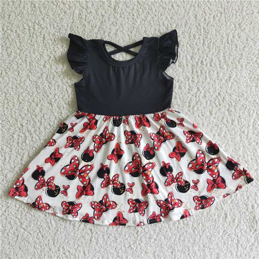 GSD0053   Girls Anime Print Patchwork Black Short Sleeve Dress