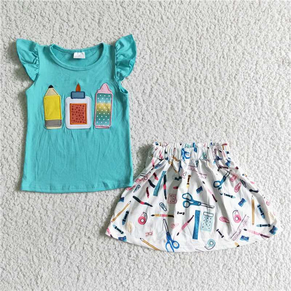 GSD0080Girl Embroidery Blue Pencil Scissors Flying Sleeve skirt suit