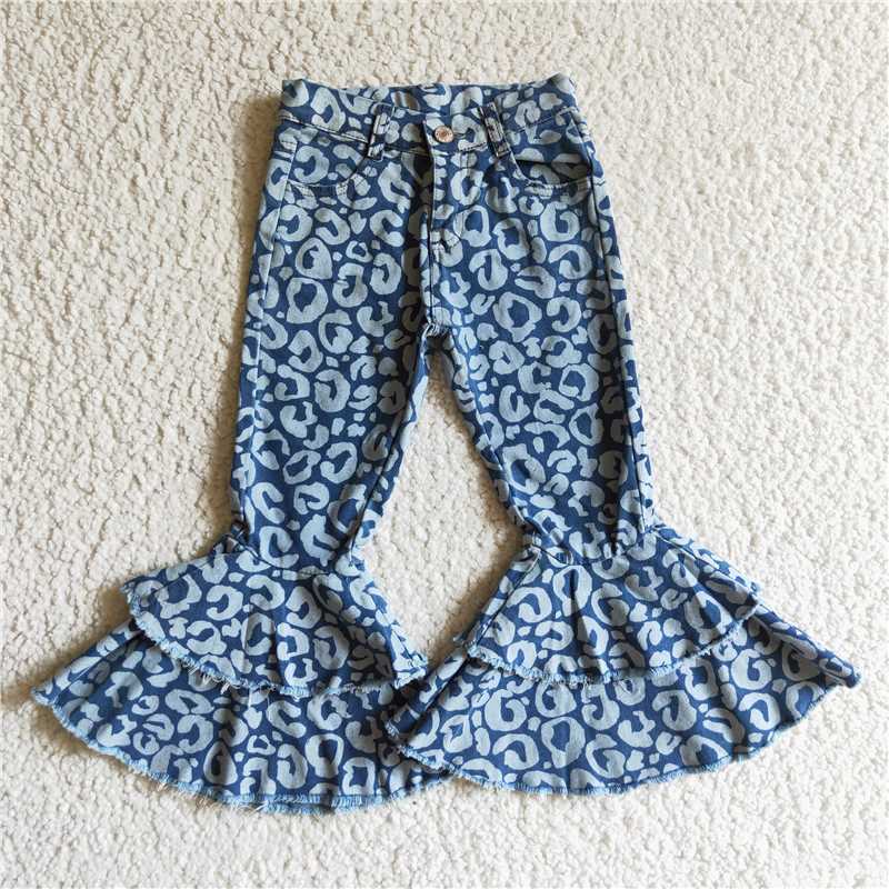 P0027Blue leopard print double lace denim pants