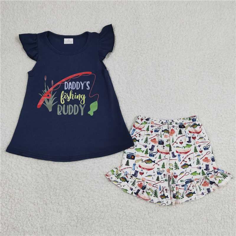 GSSO0165Girls Offset daddys Fishing navy Blue Short Sleeve Shorts set