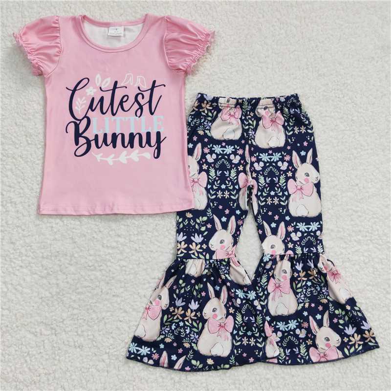 GSPO0461Girl Bunny Bunny Short Sleeve Pants Suit Pink