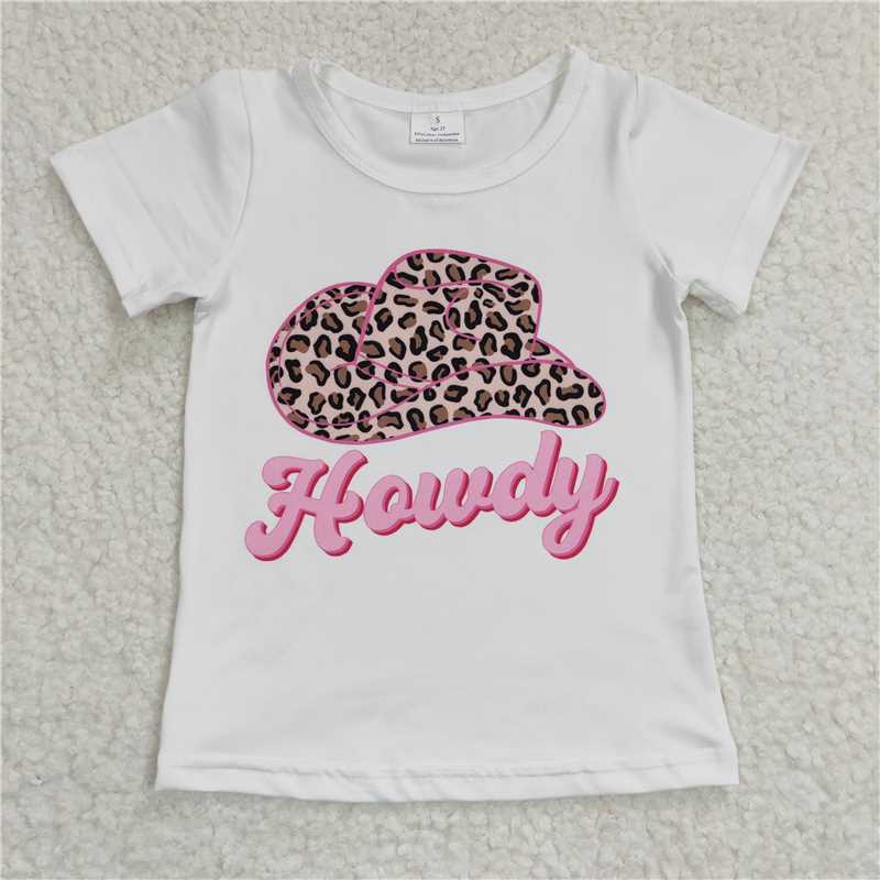 GT0138Girl howdy leopard print hat white short sleeve top