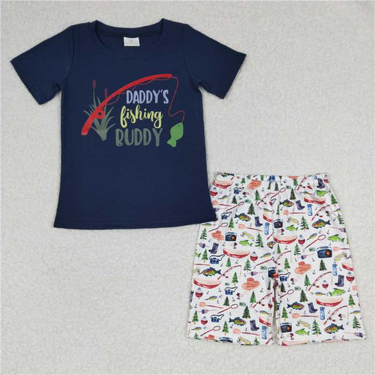 BSSO0152Boys Offset daddys Fishing navy Blue short Sleeve Shorts set