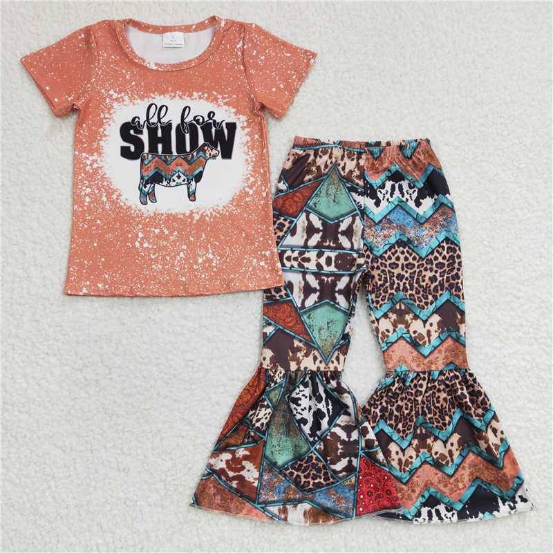 GSPO0457Girls SHOW Orange short sleeve patchwork pants suit