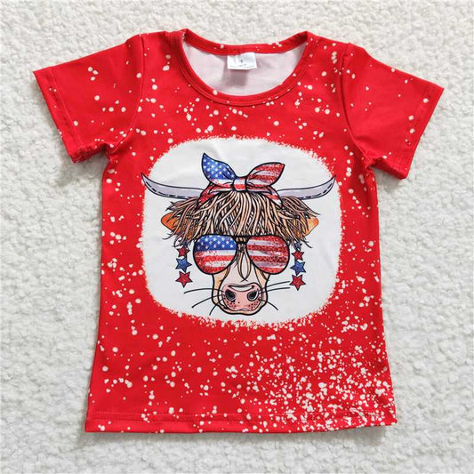 GT0114Girl National Day Cow sunglasses red short sleeve top