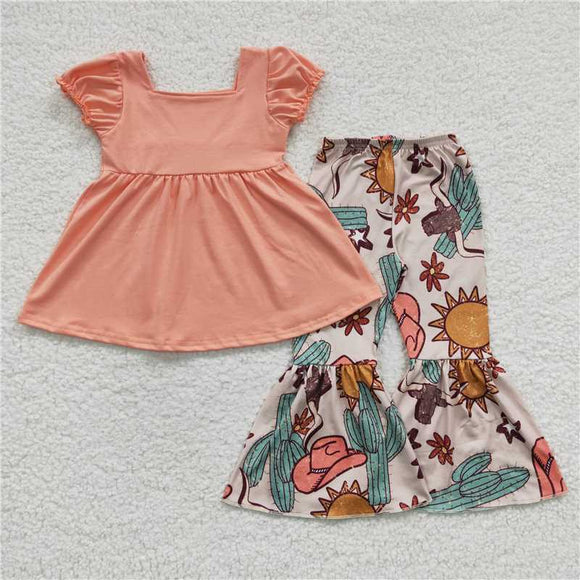 GSPO0346Girl cactus hat Orange Short Sleeve pants suit